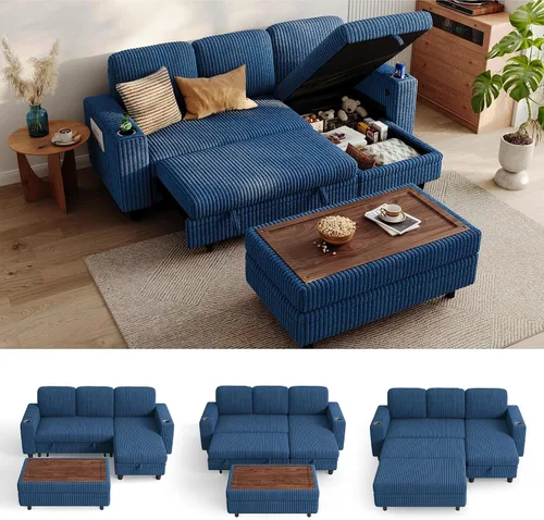 Vista 32 de LINSY HOME Sofá cama seccional con sofá cama extraíble para sala de estar (azul) Plush Corduroy