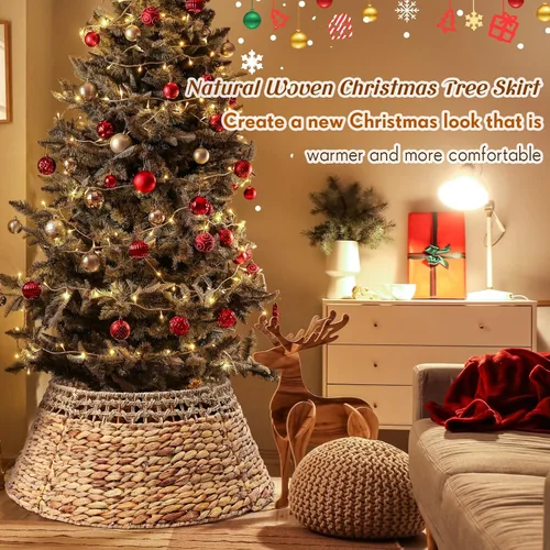 Vista 7 de Leyndo Collar de árbol de Navidad tejido de ratán para árbol de Navidad, base de árbol de Navidad rústico natural y jacinto de agua