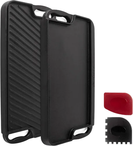 Vista 9 de Cuisinel Parrilla de hierro fundido + rascador/limpiador, reversible, pre-sazonado, de 16.75 x 9.5 pulgadas, sartén plana de doble mango y sartén