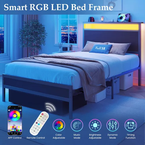 Vista 7 de Fluest - Base de cama individual con cabecero de almacenamiento y cajón de almacenamiento, estación de carga y luz LED, no necesita somier, sin