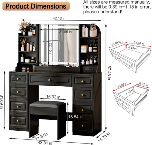 Vista 3 de 43" Lighted Makeup Vanity Set w/9 Drawers & Shelf, Padded Stool, Black
