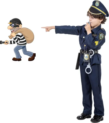 Vista 3 de Police Officer Costume for Kids, Deluxe Play Kit for Boys Girls, Halloween Role Play Costume