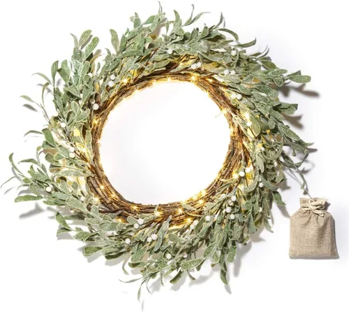 Vista 8 de LampLust Corona de Navidad para puerta delantera con luces, corona de ciprés de 22 pulgadas