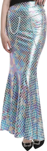 Vista 3 de ReneeCho Disfraz de sirena para mujeres adultas, traje de falda larga elástica brillante para Halloween, juego de rol, cintura incluida, cadena