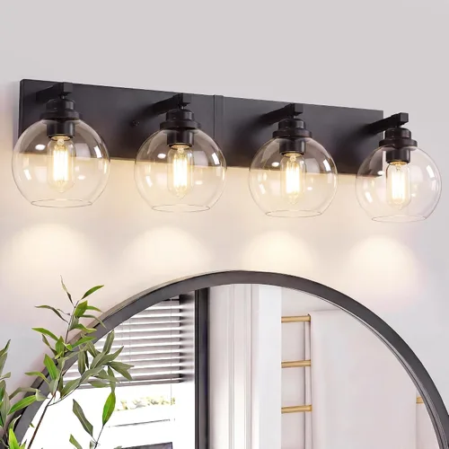 Vista 10 de LmnLvn Lámparas de baño, 3 luces de tocador de color negro mate, modernas lámparas de baño sobre espejo, luces de tocador de granja con pantalla