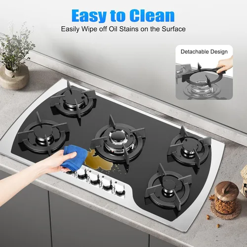 Vista 6 de Cocina de gas de 35 pulgadas, estufa de gas integrada de acero inoxidable, 5 quemadores con control de interruptor independiente, cocina de gas
