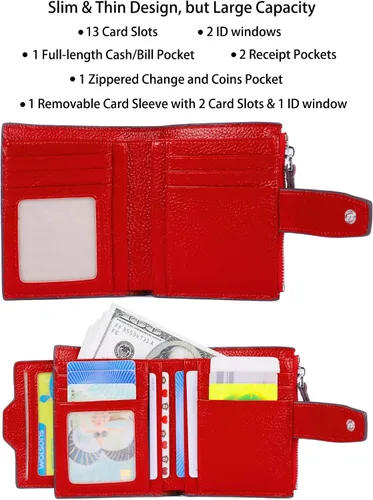 Vista 2 de AINIMOER - Cartera de piel con bloqueo RFID para mujer, tamaño pequeño, compacta, doble zíper, con ventana para identificación