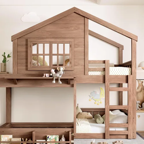 Vista 17 de Cama de Casa Tamaño Twin con Elegantes Ventanas y Estantería, Marco de Litera con Diseño de Castillo de Madera con Barandillas de Seguridad