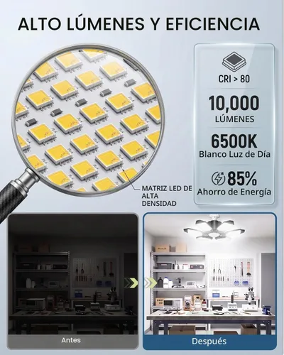 Vista 5 de BRAINIAC Bombillas LED de garaje de 100 W con 6 paneles ajustables, E26/E27 tornillo de enchufe, luz LED de techo de garaje deformable para almacén