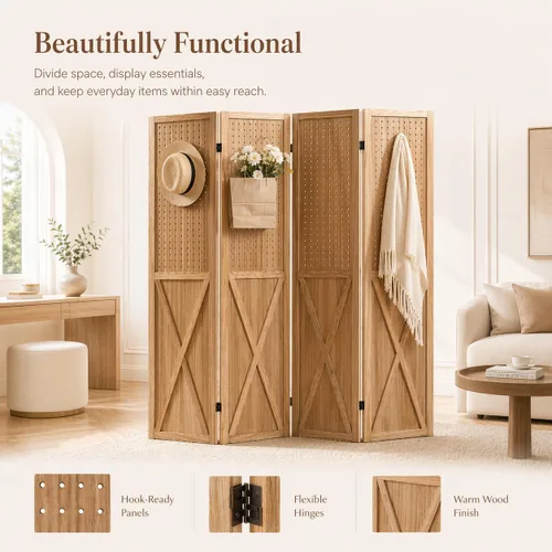 Vista 3 de Divisor de Habitación de Madera con Tablero Perforado de 4 Paneles, Pantalla de Privacidad Plegable con Exhibidor de Tablero Perforado de 5.6 Pies