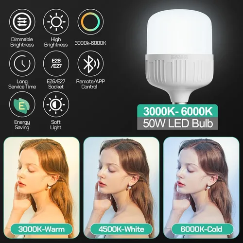 Vista 3 de EMART Bombilla de espectro completo, atenuación de 50 W, lámpara LED de 3000 K-6000 K para kit de iluminación Softbox, estudio de fotografía, hogar