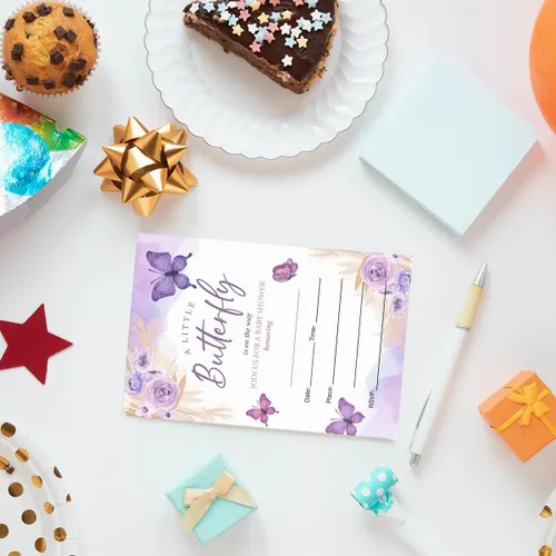 Vista 2 de EUDOSI Juego de 20 invitaciones para baby shower de mariposa con sobres, una pequeña mariposa está en camino, tarjetas de invitación de baby shower