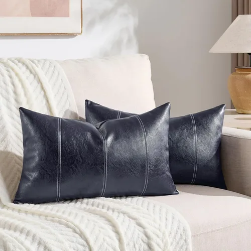 Vista 21 de Fancy Homi Paquete de 2 fundas de almohada decorativas de cuero sintético bohemio negro de 16 x 16 pulgadas para sala de estar, sofá, cama, sofá