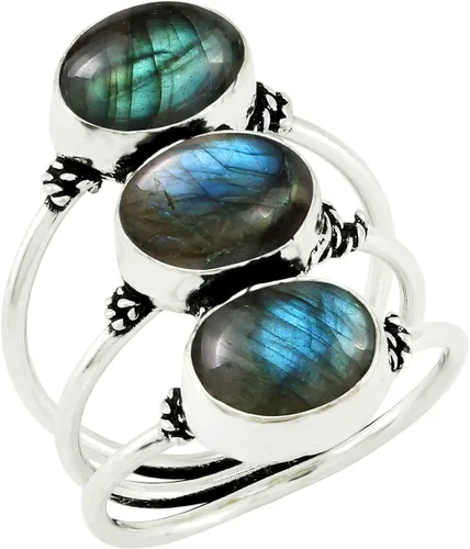 Vista 14 de Anillo chapado en plata de tres piedras preciosas de forma ovalada natural Amatista