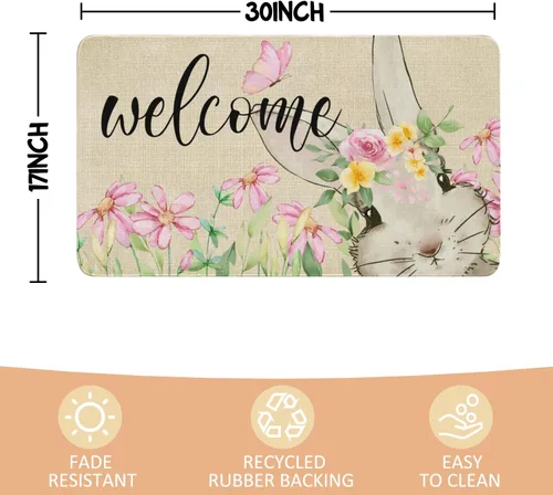 Vista 3 de Tapete antideslizante para puerta de Pascua, diseño de conejito de primavera, diseño floral para interiores y exteriores, para entrada, porche