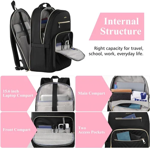 Vista 4 de YAMTION Mochila para laptop para mujer, mochila USB para negocios, trabajo, oficina, universidad, estudiantes, profesoras, color negro, 17.3 pulgadas