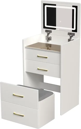 Vista 8 de Escritorio de tocador 3 en 1 con espejo abatible y luces, tocador compacto con silla oculta, escritorio de vidrio visible, 3 cajones, 3 modos