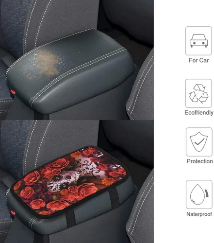 Vista 4 de Consola central de auto para calaveras de azúcar y rosas, Día de Muertos, Halloween, funda para reposabrazos de automóvil, cojín para reposabrazos
