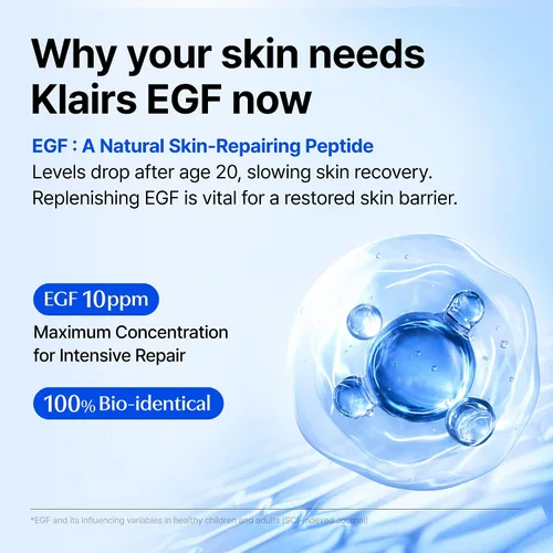 Vista 3 de DearKlairs - Suero coreano EGF – Gota activadora juvenil azul con EGF y FGF (10 ppm cada uno), reparación de barrera y marcas post-imperfección