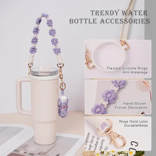 Vista 6 de Juego de Accesorios para Stanley Cup, Decoración para Botella de Agua de 14oz 20oz 30oz 40oz, Incluye Correa con Asa para Vaso, Protector de Copa