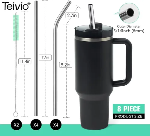Vista 10 de Teivio 8 popotes de acero inoxidable de 5/16 pulgadas de ancho para vaso de 40 onzas con asa, popotes de metal reutilizables de 12 pulgadas