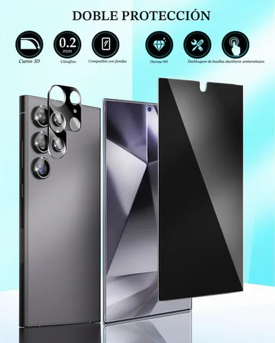 Vista 2 de Protector de pantalla de privacidad compatible con Samsung Galaxy S24 Ultra, vidrio templado con protector de lente de cámara, compatible