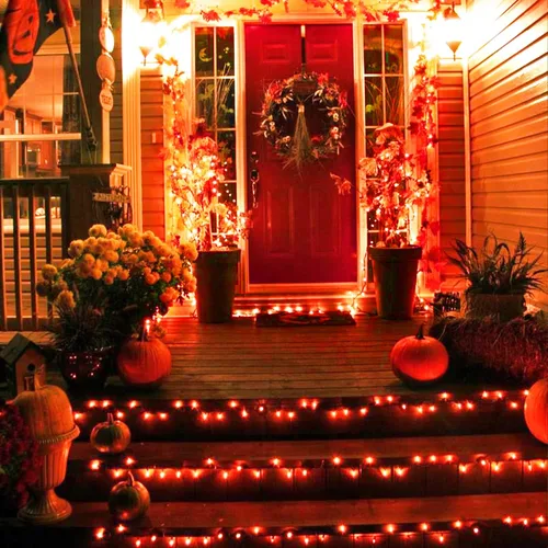 Vista 3 de JMEXSUSS Guirnalda de luces LED naranja de Halloween y luces de red para exteriores, cable transparente, 8 modos, impermeable, guirnalda de luces