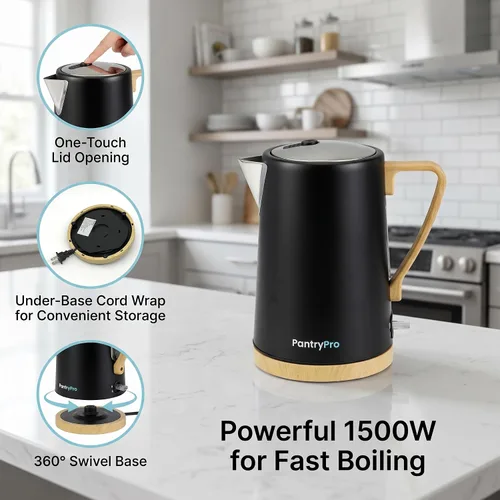 Vista 5 de PantryPro Hervidor eléctrico de ebullición rápida de 1.7L 1500W - Interior de acero inoxidable - Apagado automático, protección contra hervir