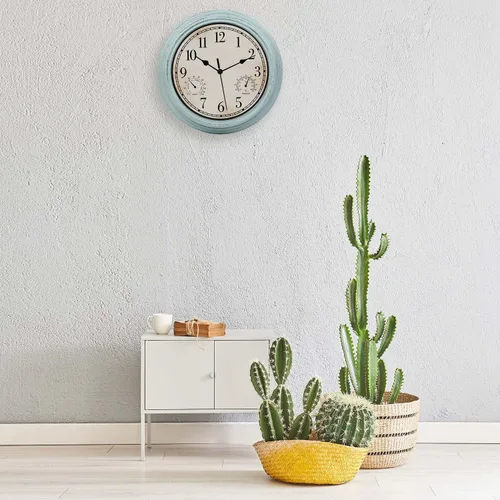 Vista 4 de Reloj de pared retro impermeable de 12 pulgadas para interiores y exteriores, con termómetro e higrómetro, funciona con pilas, reloj de pared
