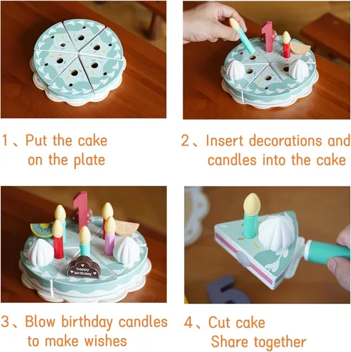 Vista 4 de Juego de comida de madera para jugar a pastel de cumpleaños, juego de fiesta de té para niños pequeños, juegos de accesorios de cocina Montessori