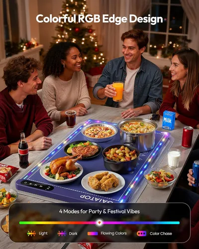 Vista 3 de Gaiatop Tapete de calentamiento para alimentos con salvamanteles y luz, tapetes de calentamiento de alimentos abundantes para encimera, 6 niveles