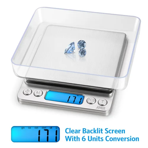 Vista 2 de Báscula digital de cocina, 17.64 oz/0.00 oz, báscula de joyería de bolsillo con pantalla LCD retroiluminada, 2 bandejas, 6 unidades, función de tara