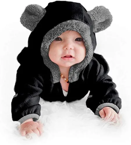 Vista 2 de Sudadera con capucha para bebés y niñas, ropa de forro polar con orejas de dibujos animados (negro, 6-12 meses)