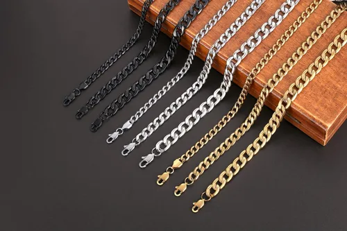 Vista 7 de Collar de cadena de eslabones cubanos de acero inoxidable para hombre, chapado en plataoro de 18 quilates, cadenas planas de corte de diamante