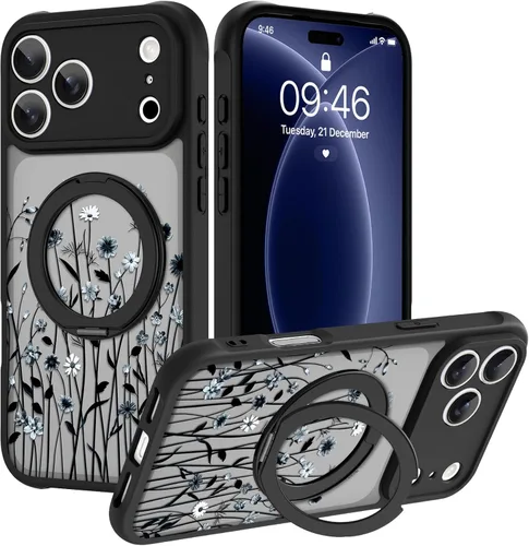 Vista 52 de OOK Funda magnética para iPhone 13 Pro Max [compatible con MagSafe] Funda delgada translúcida mate con flor silvestre negra, protección para lente