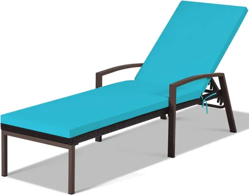 Vista 10 de RELAX4LIFE Tumbona para exteriores, silla de piscina de ratán ajustable de 5 posiciones con cojín, silla reclinable, marco de metal, tumbona de Rojo