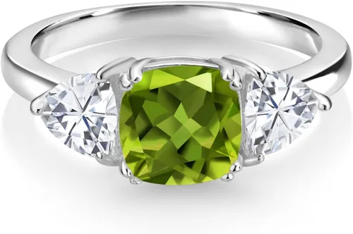 Vista 8 de 925 Sterling Silver Gemstone Birthstone and White Moissanite 3-Stone Engagement Ring for Women 7MM Cushion and 5MM Trillion Accents Three Stone