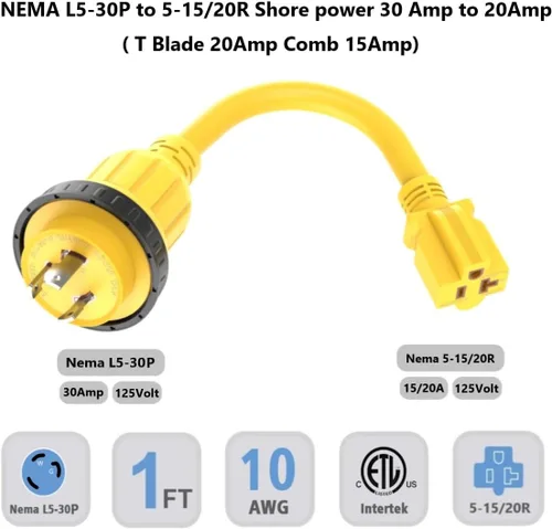 Vista 2 de Adaptador de corriente Marine-Shore de 1 pie de 30 amperios a 15 amperios