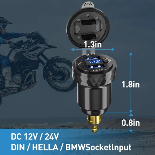 Vista 7 de DIN Hella Plug to Dual QC 3.0 Cargador USB Adaptador de corriente con voltímetro e interruptor de encendido/apagado para BMW Ducati Triumph