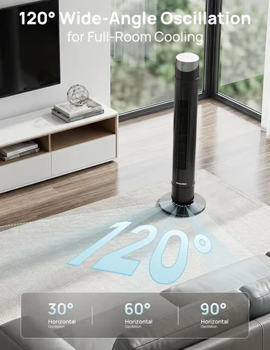 Vista 19 de ZAFRO Ventilador de torre inteligente para dormitorio, ventilador de torre oscilante de 120°, 28 pies/s de alta velocidad, 12 velocidades, 4 modos