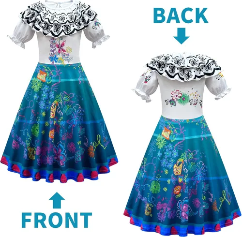 Vista 7 de FreeDouble Encanto Mirabel Costume Outfit Halloween Cosplay Dress Up For Kids Girls With Bag Glasses Earrings