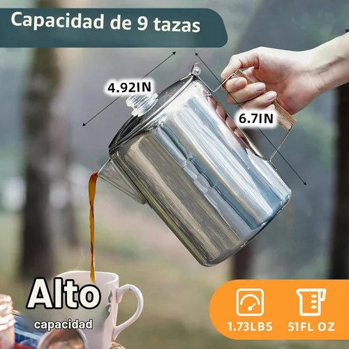 Vista 6 de MEREZA Cafetera de camping para estufa, cafetera, percolador, fogata, cafetera de acero inoxidable, cafetera para acampar al aire libre, hogar, 9