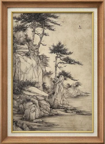Vista 204 de MUDECOR Lienzo enmarcado prémium para pared, pinos nevados en bosque de invierno, ilustraciones modernas, arte contemporáneo, escénico, divertido
