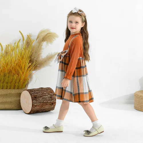 Vista 6 de Ropa para niña pequeña, vestido de otoño e invierno, vestido de franela a cuadros, vestido de fiesta con lazo para niñas con diadema