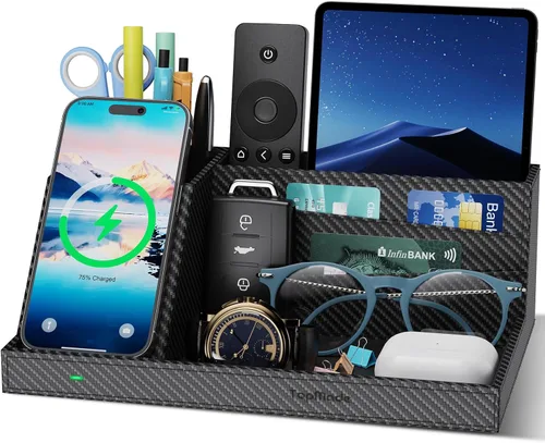 Vista 11 de TopMade Organizador de mesita de noche de escritorio con cargador inalámbrico, soporte de cuero para bolígrafos, accesorios de oficina, estación