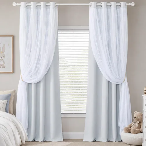 Vista 11 de Beige Blackout Curtains with White Sheer Overlay for Bedroom/Living Room