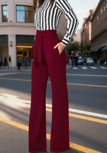Vista 4 de LKOUS Pantalones de vestir elásticos de cintura alta para mujer, pantalones de pierna ancha, pantalones de trabajo para oficina