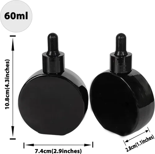 Vista 5 de Botellas transparentes con cuentagotas de 2 onzas, 6 botellas de vidrio plano redondas transparentes con cuentagotas para ojos, para sueros de Negro