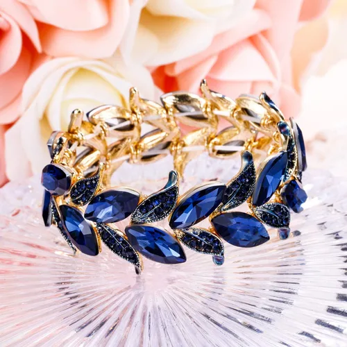 Vista 5 de BriLove Pulsera elástica de hoja con forma de marquesa de cristal nupcial para mujer