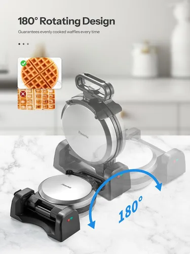 Vista 3 de Máquina para hacer gofres, plancha redonda clásica belga para gofres con diseño giratorio de 180°, placas antiadherentes y mango de tacto frío